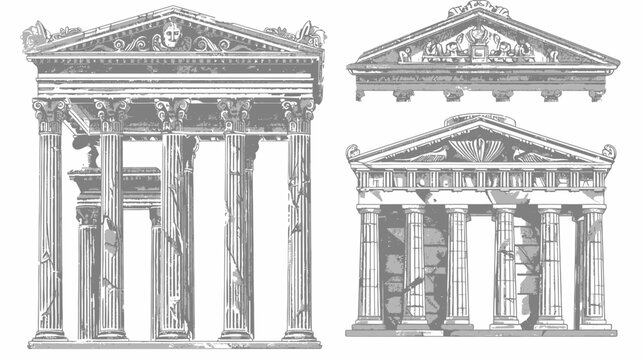 Gray-toned architectural sketches of Greek temples with columns, pediments, and classical details