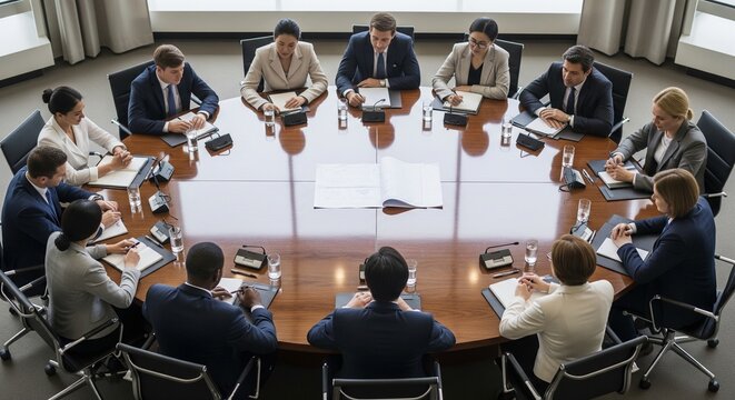 Professional business meeting with executives discussing strategy in modern boardroom