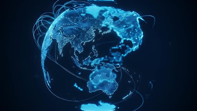 Digital blue globe of Earth with illuminated areas and glowing network connections