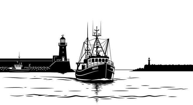 Fishing trawler entering harbor with lighthouse and breakwater