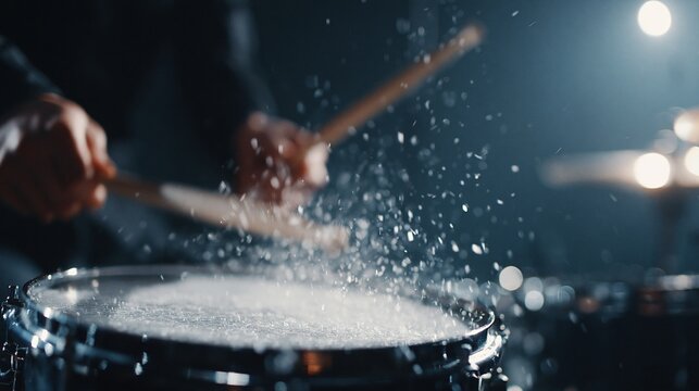 Close-up of Musician's Hands Playing Drums with Drumsticks Creating Dynamic Motion and Energy