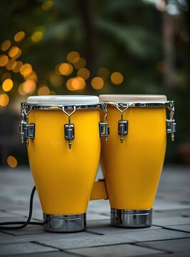 a pair of yellow bongo drums