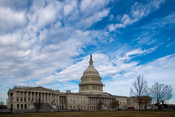 Fototapeta premium Capitol building in Washington DC landmark. Capitol dome architecture United States. Capitol monument symbol America. Capitol iconic landmark USA.