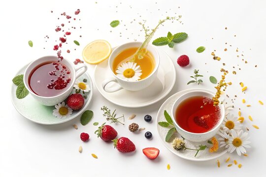 Elegant fruit tea composition featuring strawberries, lemon and botanical herbal infusions with isolated white background.