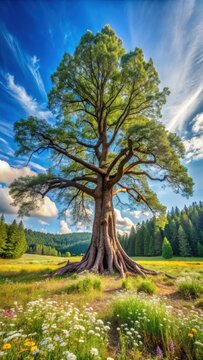 A photo of an old oak tree standing alone in a clearcut forest clearing, surrounded by towering pine trees and wildflowers blooming The trees gnarl