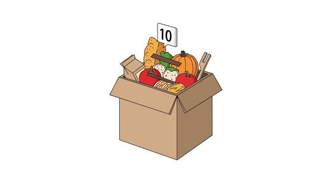 Cardboard Box Filled with Fresh Grocery Items and Number Ten Tag