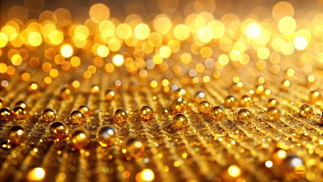 A photo of a vast expanse of gold rhinestones stretching endlessly into the horizon The surface glistens under the soft golden light, creating an eth