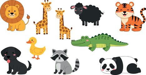 Cute cartoon animal set featuring lion, giraffe, sheep, tiger, dog, duck, raccoon, crocodile and panda on white background for kids design © MdImran