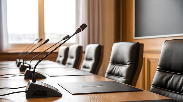  Modern conference room table with microphones and chairs prepared for business meeting discussion