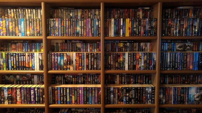 Extensive Collection of DVDs and Blu-ray Discs Organized on Wooden Bookshelves