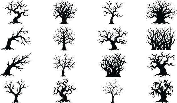 Spooky dead tree silhouette vector bundle featuring creepy branches bare roots and haunted forest elements for Halloween design projects