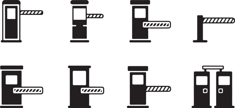 Set of parking barrier gate icons with boom arms for vehicle access control and security systems