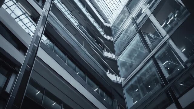 Modern office building interior featuring a soaring glass and steel atrium, creating a striking perspective with angular lines and reflections, emphasizing corporate innovation and abstract design