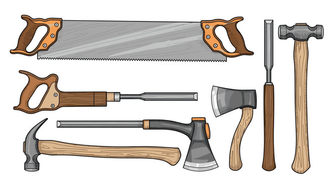 Comprehensive set of woodworking hand tools including vintage style saws, hammers, axes, and various chisels with wooden handles for carpentry.