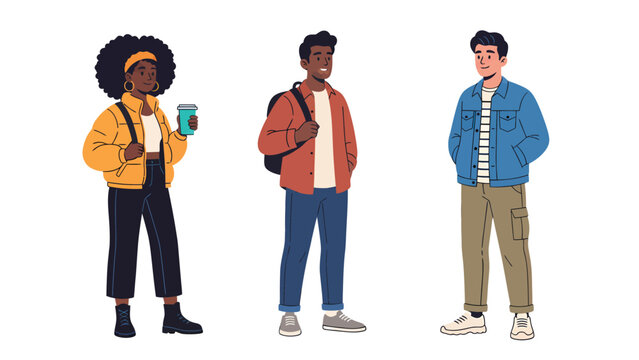 Three diverse young adults standing together, casually dressed and looking forward with confidence.