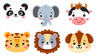 Obraz premium Cute Cartoon Animal Faces Collection Adorable Wildlife Characters.