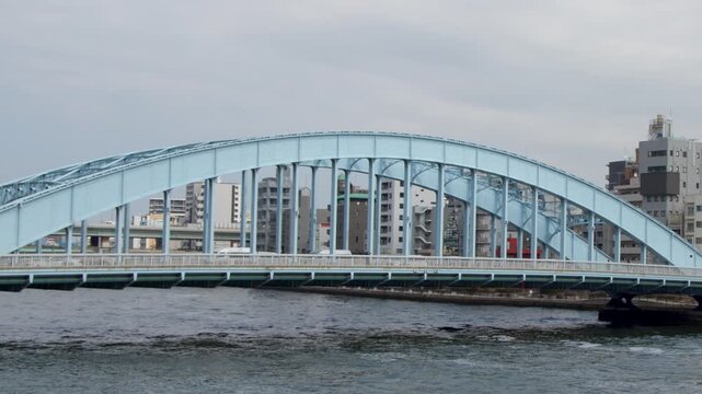 Blue Eitai Bridge Spanning the Sumida River in Tokyo Japan