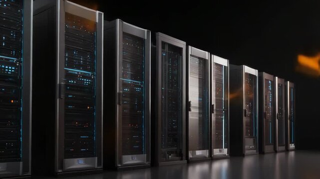 Server racks standing in a dark data center, with visible flames and orange smoke emerging from the top, symbolizing a critical cybersecurity breach and technology infrastructure failure