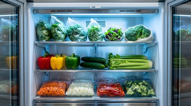 A brightly lit, organized refrigerator filled with fresh produce, vegetables, and bagged greens, showcasing healthy eating and food storage solutions