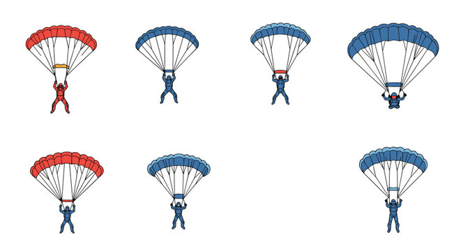 Professional skydivers and paratroopers icon set showing diverse poses with parachutes open during descent on a clean white background.