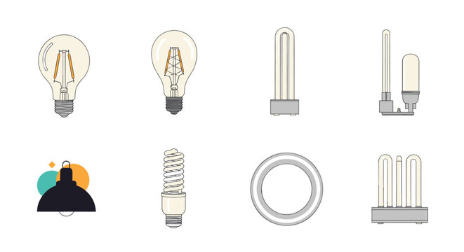 Collection of different types of electric light bulbs including incandescent, LED, CFL, and a stylish lamp icon for lighting and interior design.