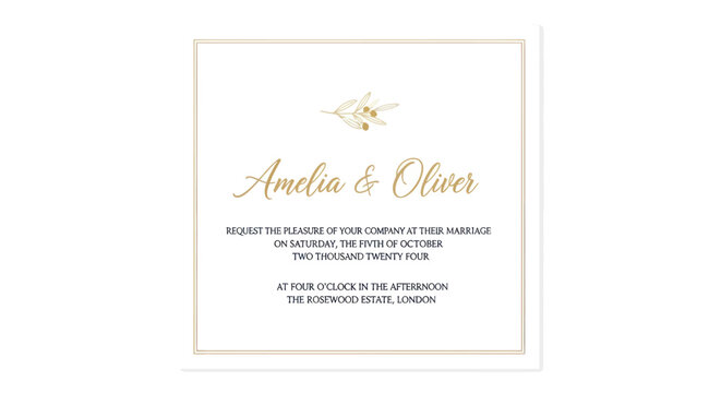 Elegant Wedding Invitation with Floral Detail and Golden Text for Amelia & Oliver