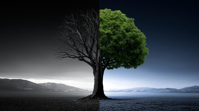 Half dead tree alive tree desert landscape climate change concept