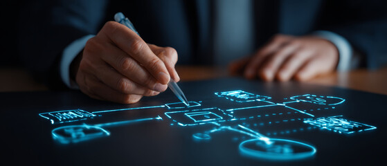 Naklejka premium Business technology planning strategy project management digital interface Professional hand planning strategy digital interface for project