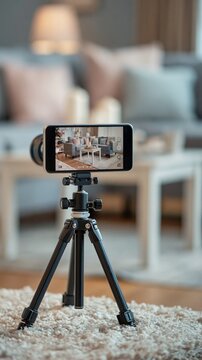 Smartphone on tripod recording living room interior content for social media or vlogging