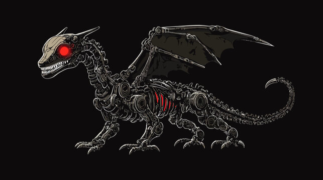 Digital illustration of a robotic dragon with glowing red eye and sleek metallic body