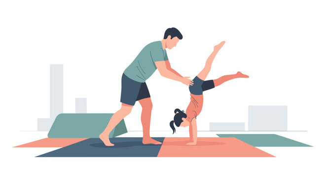 Father Day yoga session with dad supporting daughter doing handstand on colorful mats outdoors
