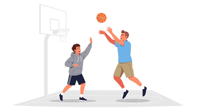 Father celebrates Father's Day with sons playing energetic basketball on outdoor court on sunny day