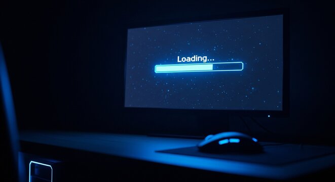 Modern computer screen displaying loading animation in dim blue office lighting