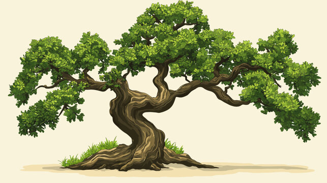 Mature twisted bonsai with lush green foliage and gnarled trunk