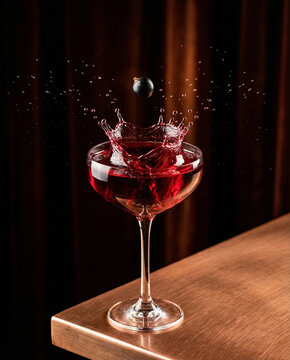 Perfect splash of a Kir Royale cocktail as a blackberry drops into a crystal coupe glass