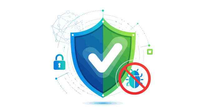 Digital Security Shield with Checkmark and Bug Icon - Cyber Protection