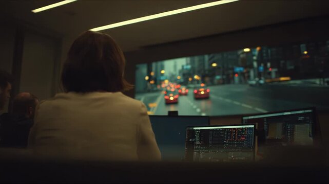 Woman in a control room overseeing urban transportation surveillance, analyzing real time data on digital displays for traffic management and security operations