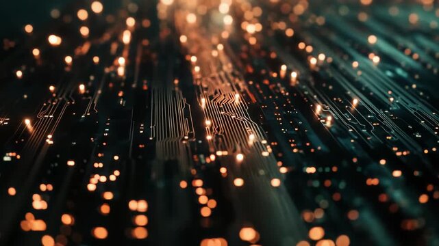 Digital data streams are flowing across an abstract electronic circuit board, representing the rapid processing and transfer of information in advanced technology, computing, and ai systems