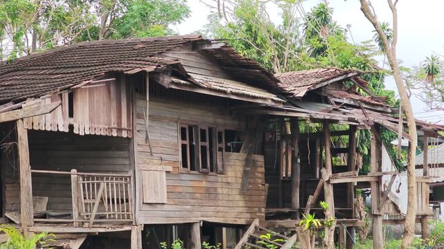 An old, dilapidated wooden house.