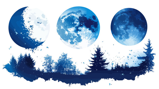 A serene moonscape with three moon phases, silhouetted trees, and flying birds