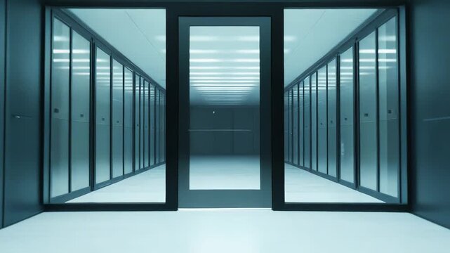 Server room corridor featuring rows of modern network data racks, symbolizing robust computing infrastructure, secure data storage, and digital communication technology for businesses