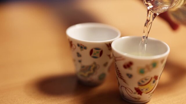 Pouring Clear Japanese Sake into Traditional Ceramic Ochoko Cups