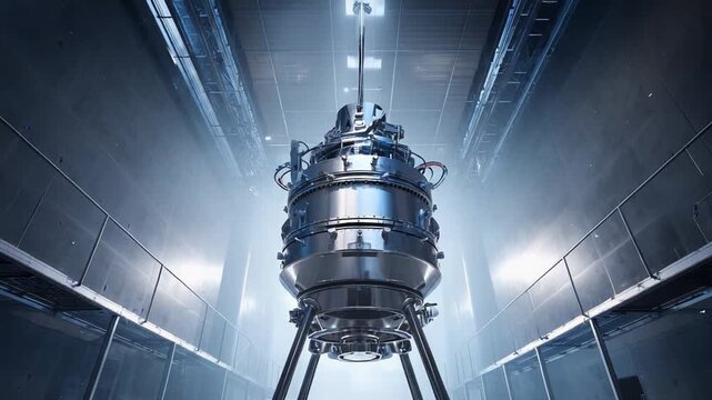 Large metallic nuclear fusion reactor standing in a modern, brightly lit laboratory, representing groundbreaking science, innovation, and the future of sustainable energy production