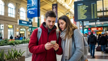 Fototapeta premium Young Couple Travelers Checking Mobile App for Train Schedule at Busy Station