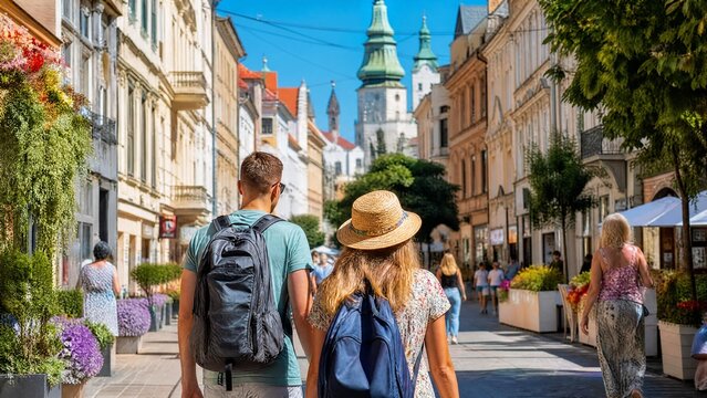 Young Couple of Tourists with Backpacks Exploring Historic Street in Old Town Bratislava Slovakia