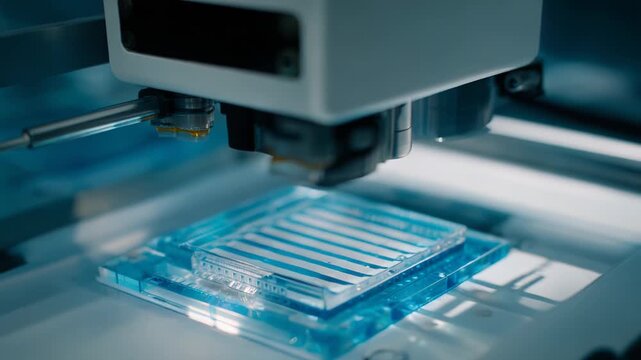 Advanced bioprinter depositing precise biomaterial layers to build complex tissue structures, showcasing high tech bioprinting for future artificial organs and medical research innovation