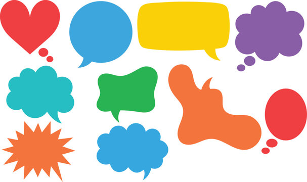 Colorful speech bubble vector set, vibrant comic chat clouds and thought balloons, flat design communication icons for social media and messaging isolated on Transparent Background