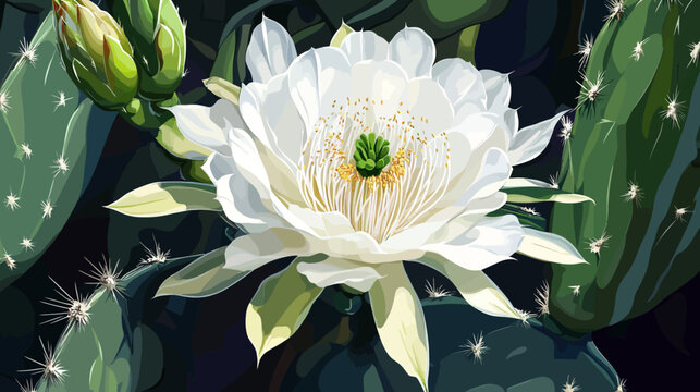 Close-up of a white cactus flower blooming among green cactus pads