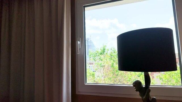 Boutique Hotel Room Interior with Marble Desk and City View