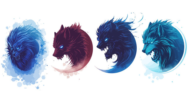 Four stylized, snarling wolf heads, each in a unique color palette, with watercolor accents